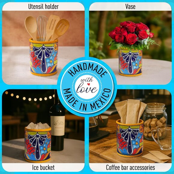 Medium Ceramic Utensil Holder Marigold Yellow Hand Painted Mexican Pottery Crock - Picture 5 of 9